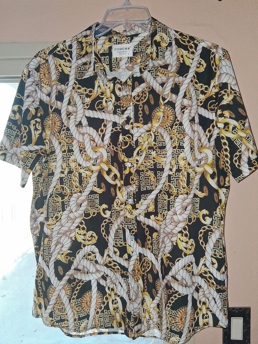 Foherr Men's Short Sleeve Button-Up Shirt - Black & Gold Chain Print - Picture 2 of 5